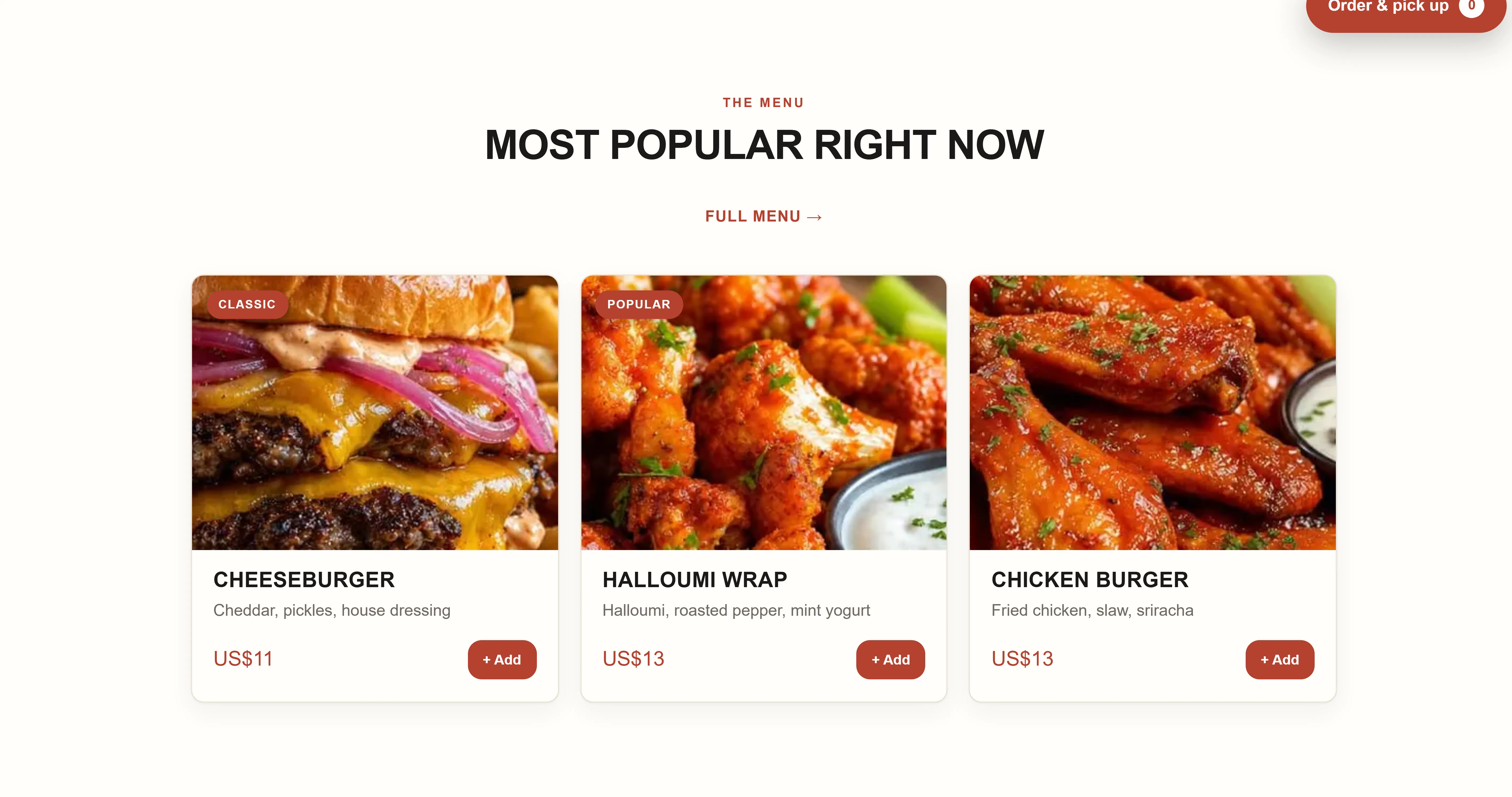 The menu on the fast food place Lantern Grill's site, built by Goboblo, in English: cheeseburger $11, halloumi wrap $12.50 and chicken burger $13 with photos and Add buttons