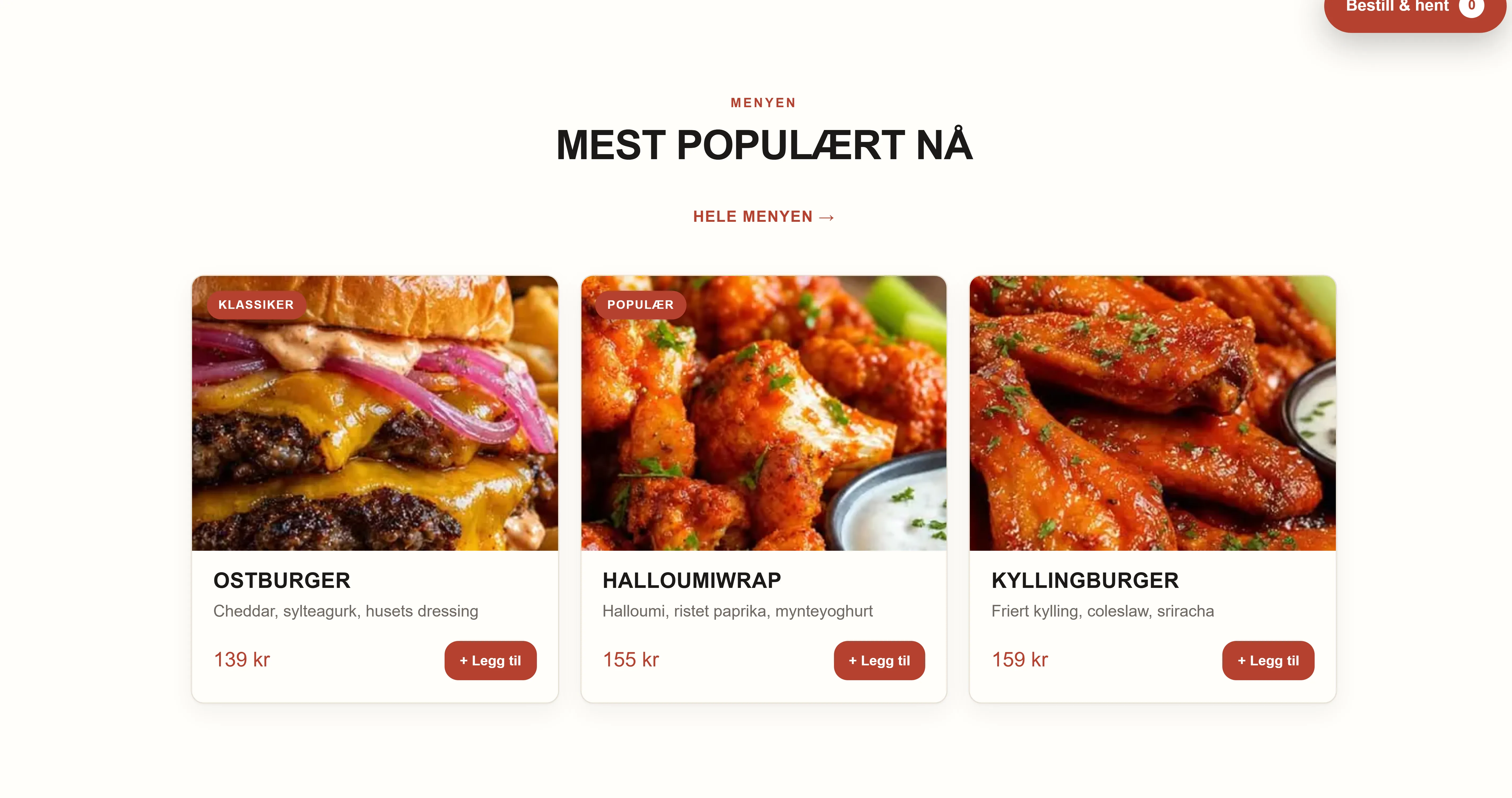 Menyen på hurtigmatstedet Lykten Grills side, bygget av Goboblo, på norsk: ostburger 139 kr, halloumiwrap 155 kr og kyllingburger 159 kr med bilder og Legg til-knapper