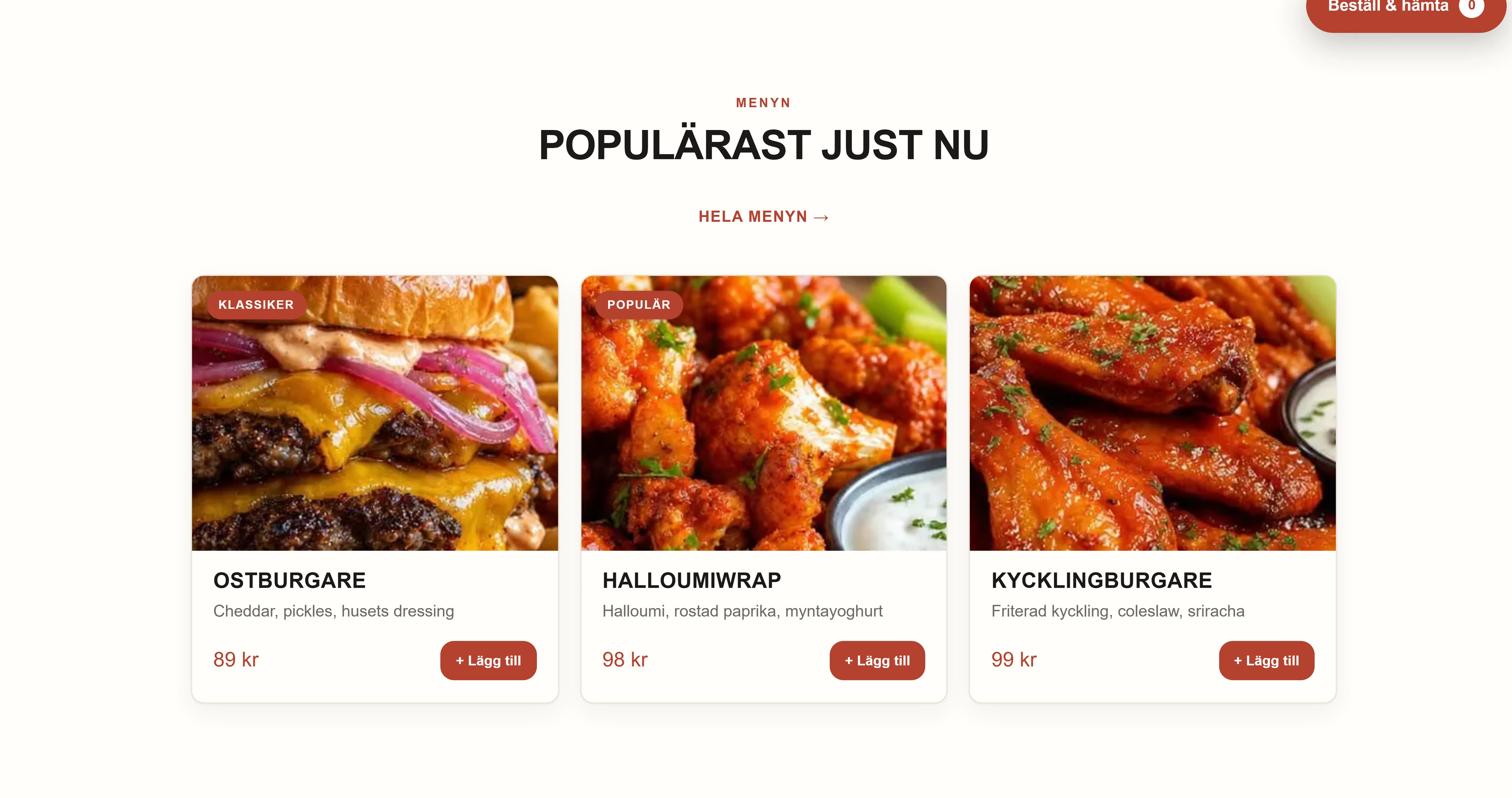Menyn på snabbmatskrogen Lyktan Grills sajt, byggd av Goboblo: ostburgare 89 kr, halloumiwrap 98 kr och kycklingburgare 99 kr med bilder och Lägg till-knappar