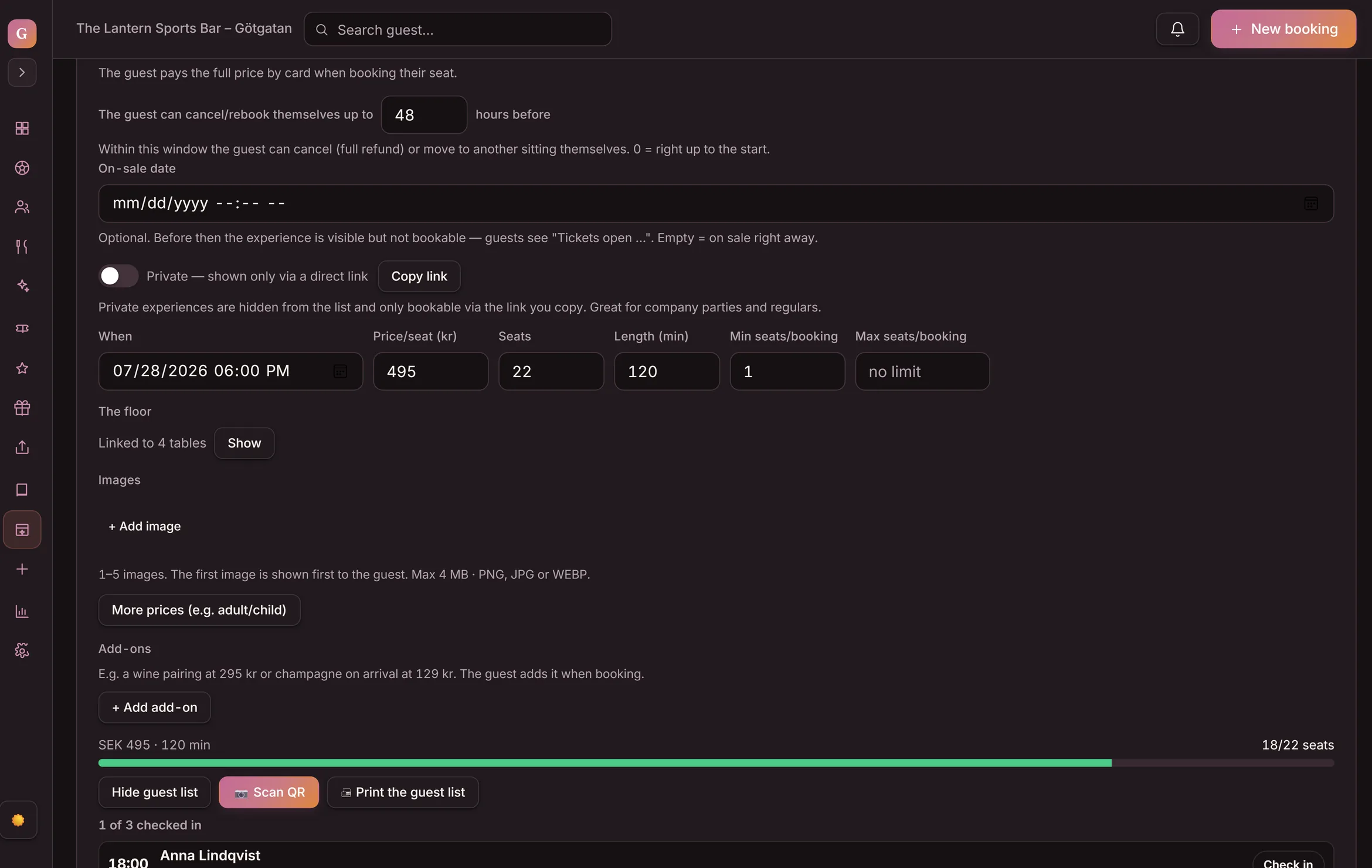 The experience settings in Goboblo: the line “The guest pays the full price by card when booking their seat”, the guest can cancel or rebook themselves up to 48 hours before, price per seat 495, 22 seats, length 120 minutes, and the status row SEK 495 · 120 min with 18/22 seats at the bottom — the demo venue's real view in dark mode