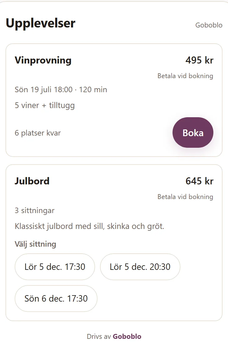 Gästens upplevelsevy i mobilen: Vinprovning för 495 kr med Betala vid bokning och 6 platser kvar, och julbordsserien med tre sittningar att välja på — demo-lokalens riktiga vy