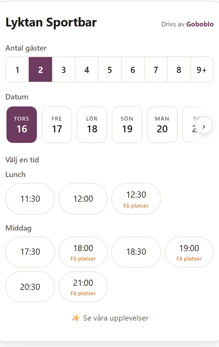 Goboblos bokningswidget på restaurangens egen sajt: gästen väljer antal gäster, datum och en ledig tid — bokningen landar hos restaurangen, inte hos en marknadsplats — demo-lokalens riktiga widget