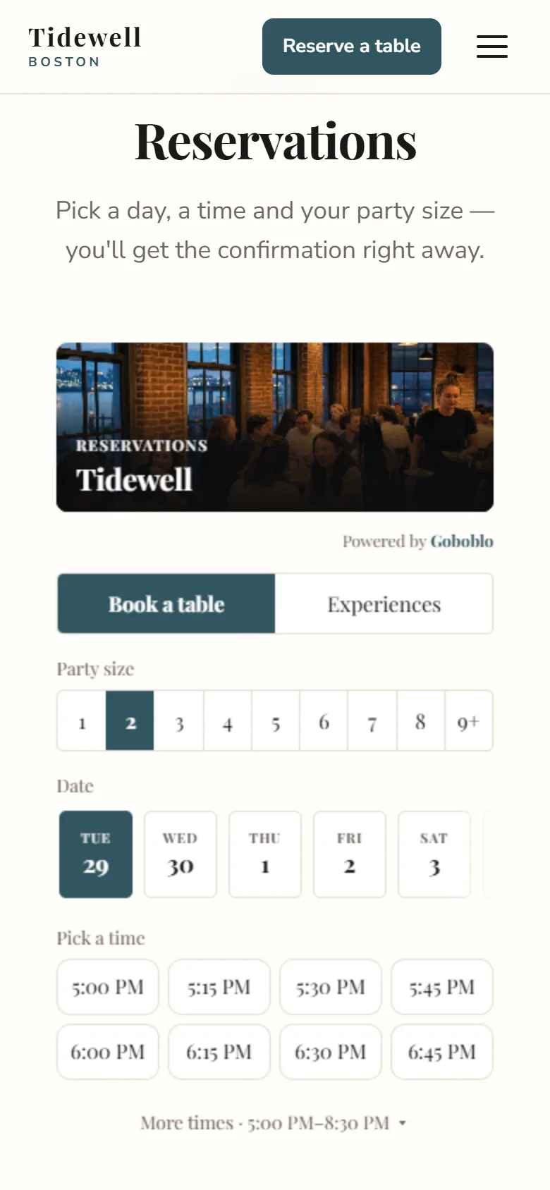 The same reservation widget on Tidewell's website on a phone (demo)