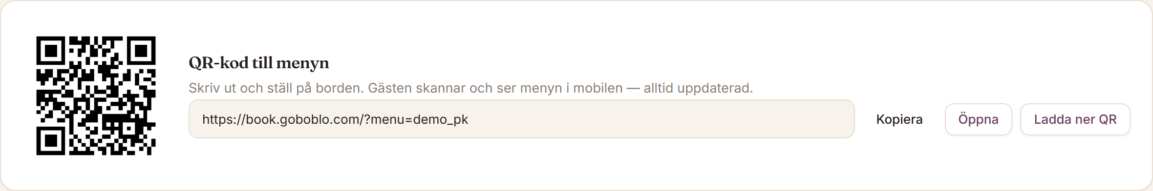 Goboblo QR-meny – skriv ut QR-koden, gästen ser menyn i mobilen
