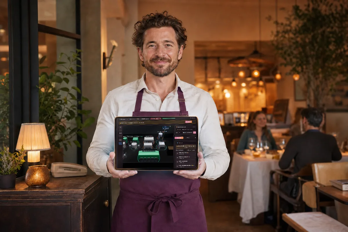 Restauranteier i sitt eget lokale som viser Goboblos levende bordkart på et nettbrett – spisesalen med bookede bord, gjestenavn og kombinerbare langbord