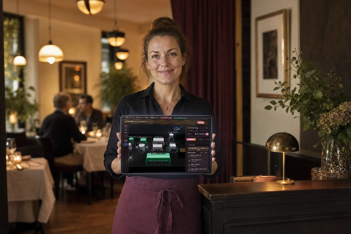 Restauranteier som holder et nettbrett med Goboblos bordkart i 3D – bordstatus, sittende, bookede og ledige bord, kombinerbare bord og live plassering