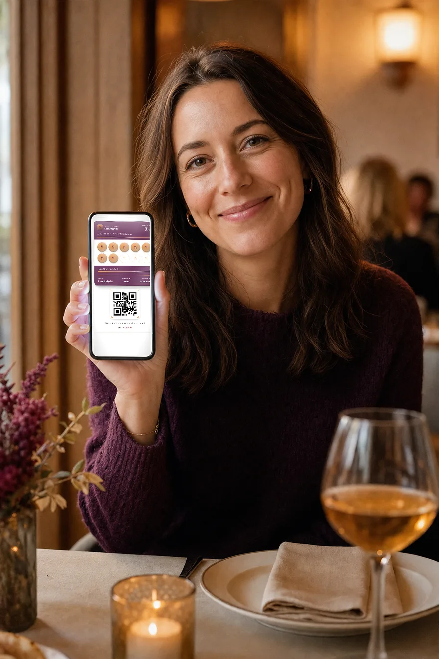 Gjest i restauranten som viser sitt digitale lojalitetspass i mobilen — stempler i stempelkortet og en QR-kode