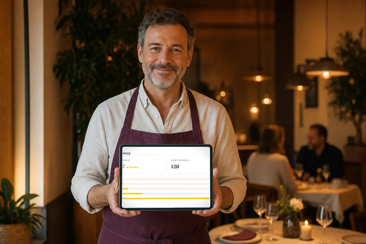 Restauratør som holder et nettbrett som viser Goboblos anmeldelser – snittvurdering og stjernefordeling