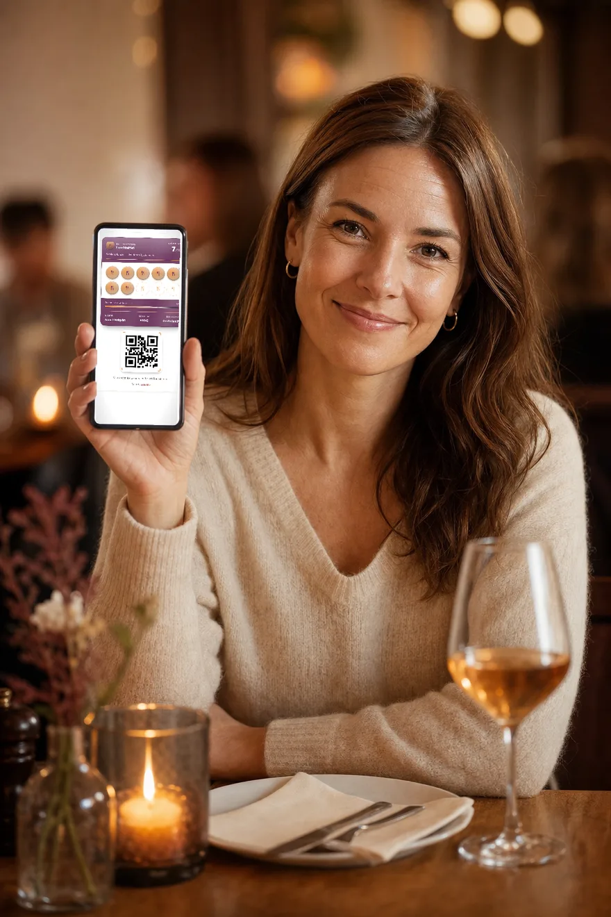 Gjest som viser sitt digitale stempelkort på telefonen — stempler og en belønning som kommer nærmere, med en QR-kode