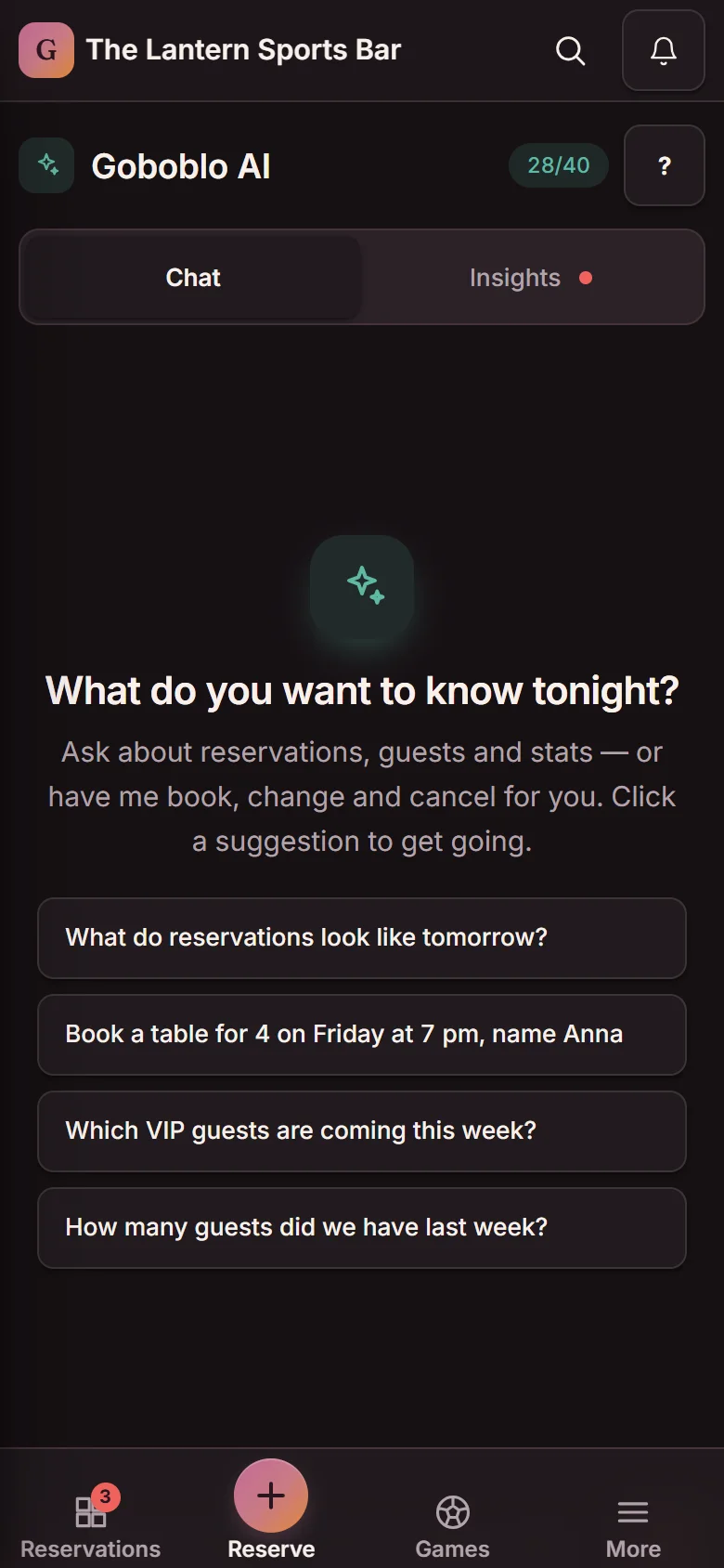 Goboblo AI in the Goboblo app on a phone at The Lantern, Boston: the Chat and Insights tabs, the question "What do you want to know tonight?" and four suggested questions, from tomorrow's reservations to which VIP guests are coming this week