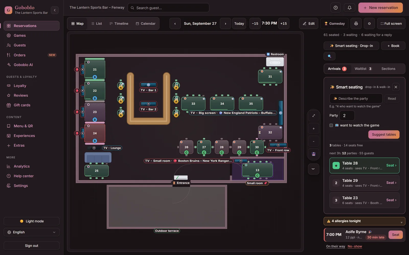 The floor plan in Goboblo on a laptop during dinner service at The Lantern, Boston: 61 seated, 4 of 22 tables free, 3 waiting, Smart seating and the Full screen and Edit buttons