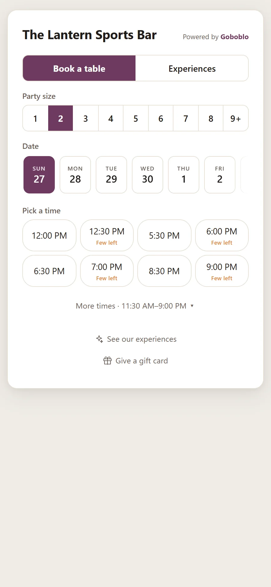 The reservation widget on The Lantern's site: party size, date and open times for lunch and dinner