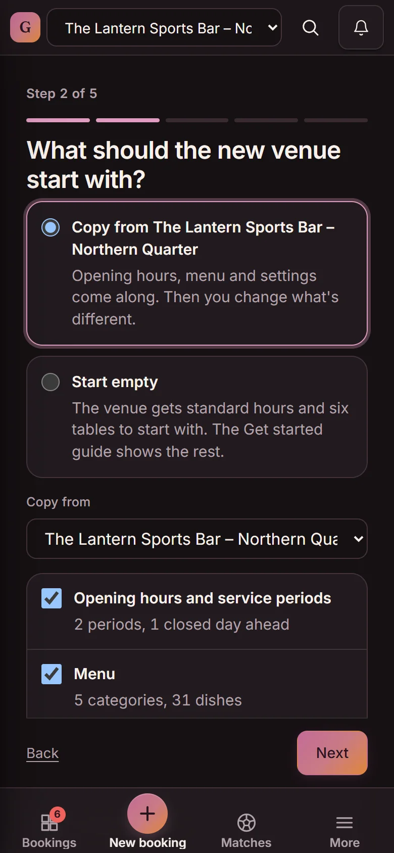 Add a venue, step 2 of 5: What should the new venue start with? Copy from The Lantern Sports Bar – Northern Quarter, with Hours and service periods (2 periods, 1 closed day ahead) and Menu ticked (demo)