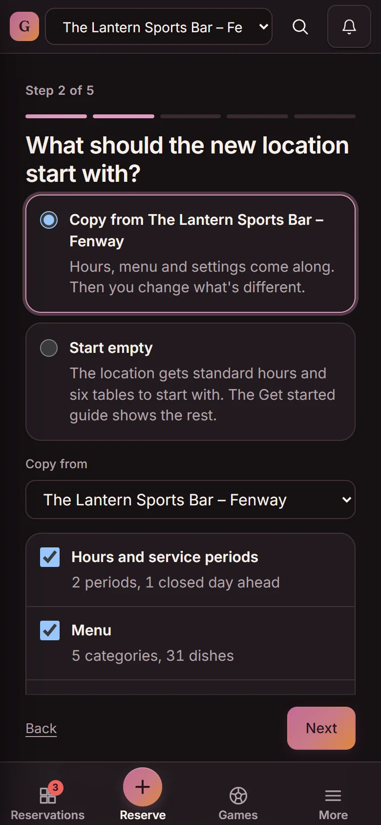 Add a location, step 2 of 5: What should the new location start with? Copy from The Lantern Sports Bar – Fenway, with Hours and service periods and Menu checked (demo)