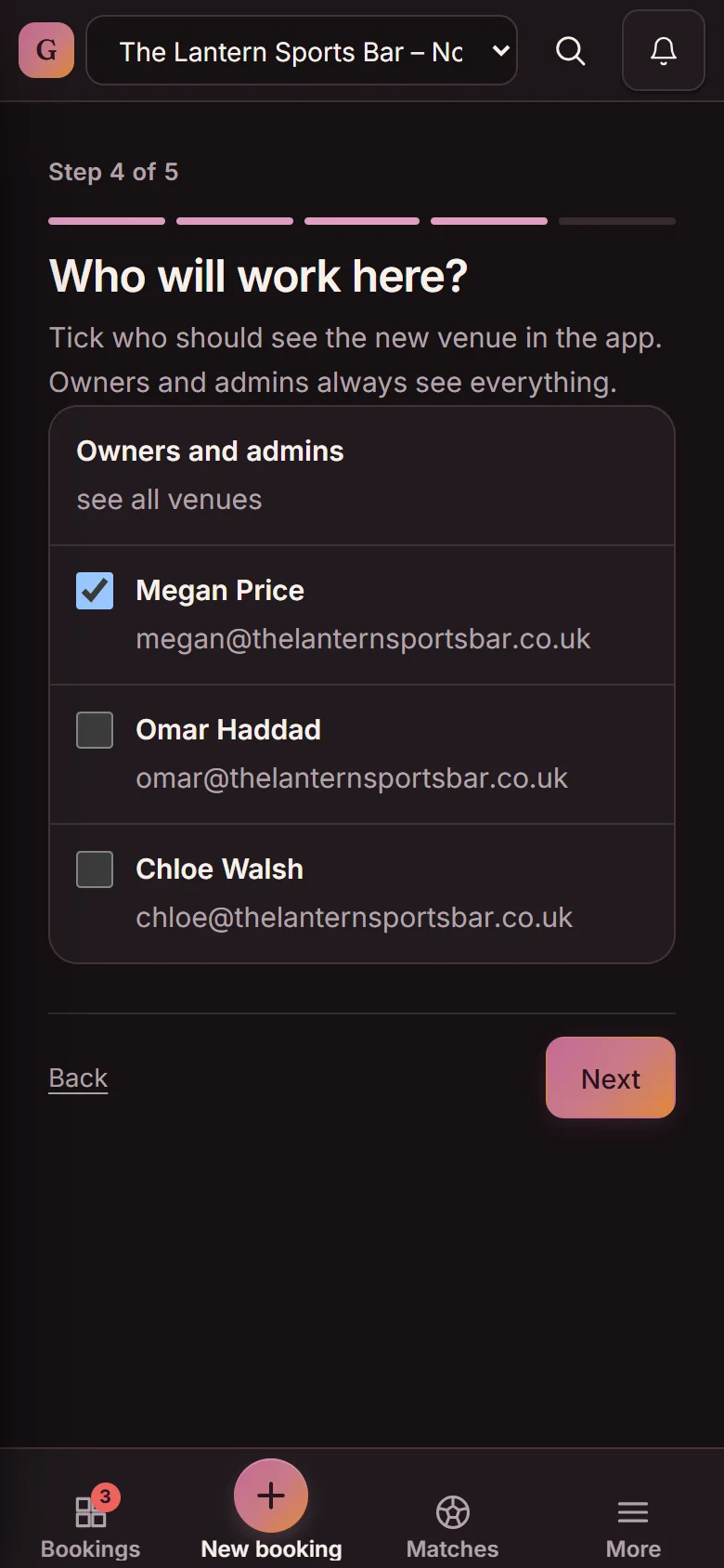 Add a venue, step 4 of 5: Who will work here? Owners and admins see all venues; Megan Price is ticked, Omar Haddad and Chloe Walsh are not (demo)