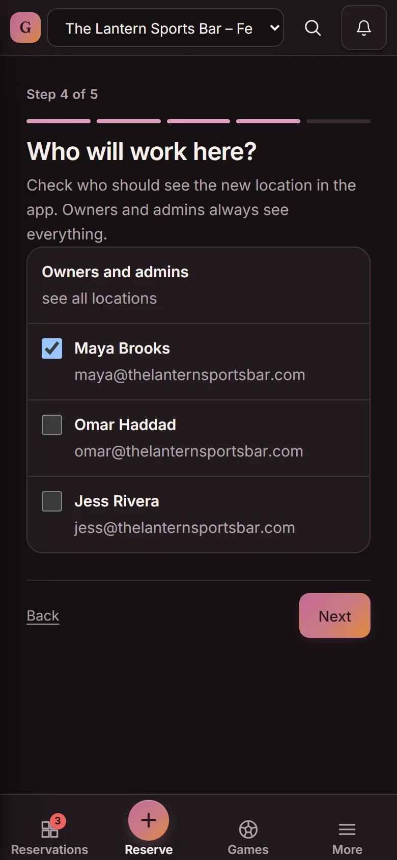 Add a location, step 4 of 5: Who will work here? Owners and admins see all locations; Maya Brooks is checked, Omar Haddad and Jess Rivera are not (demo)