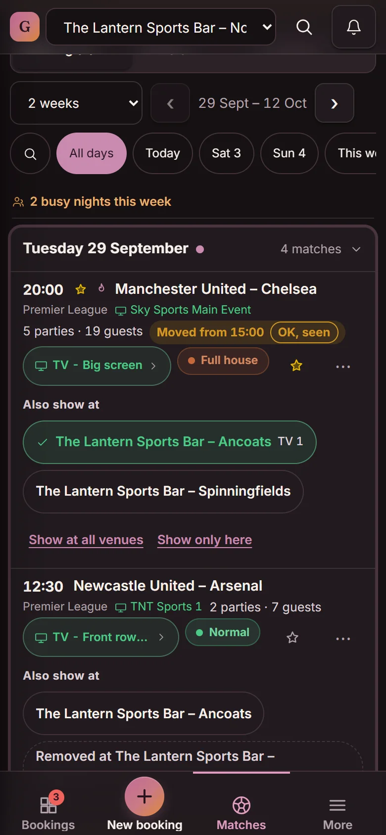 The match row on a phone: Manchester United – Chelsea with the Also show at chips for Ancoats and Spinningfields (demo)