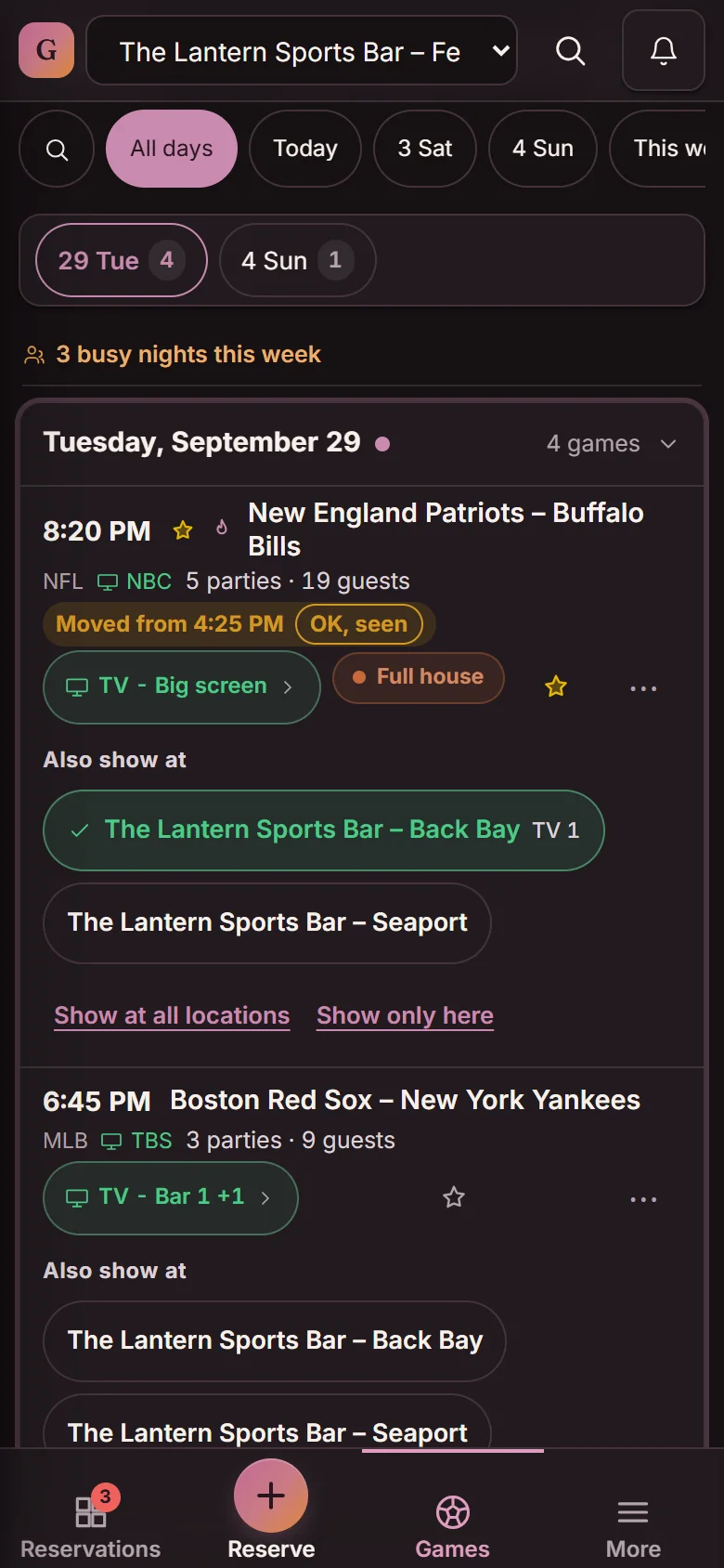The game row on a phone: New England Patriots – Buffalo Bills at 8:20 PM, moved from 4:25 PM, with Also show at Back Bay and Seaport (demo)