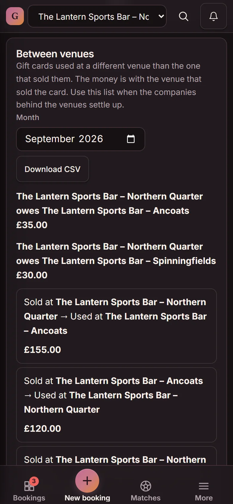 The Between venues report for September 2026: Northern Quarter owes Ancoats £35.00 and Spinningfields £30.00, with each card sold at one venue and used at another, and Download CSV (demo)