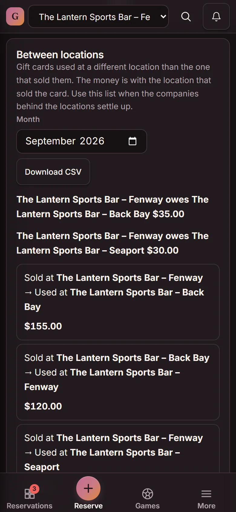 The Between locations report for September 2026: Fenway owes Back Bay $35.00 and Seaport $30.00, with each card sold at one location and used at another, and Download CSV (demo)
