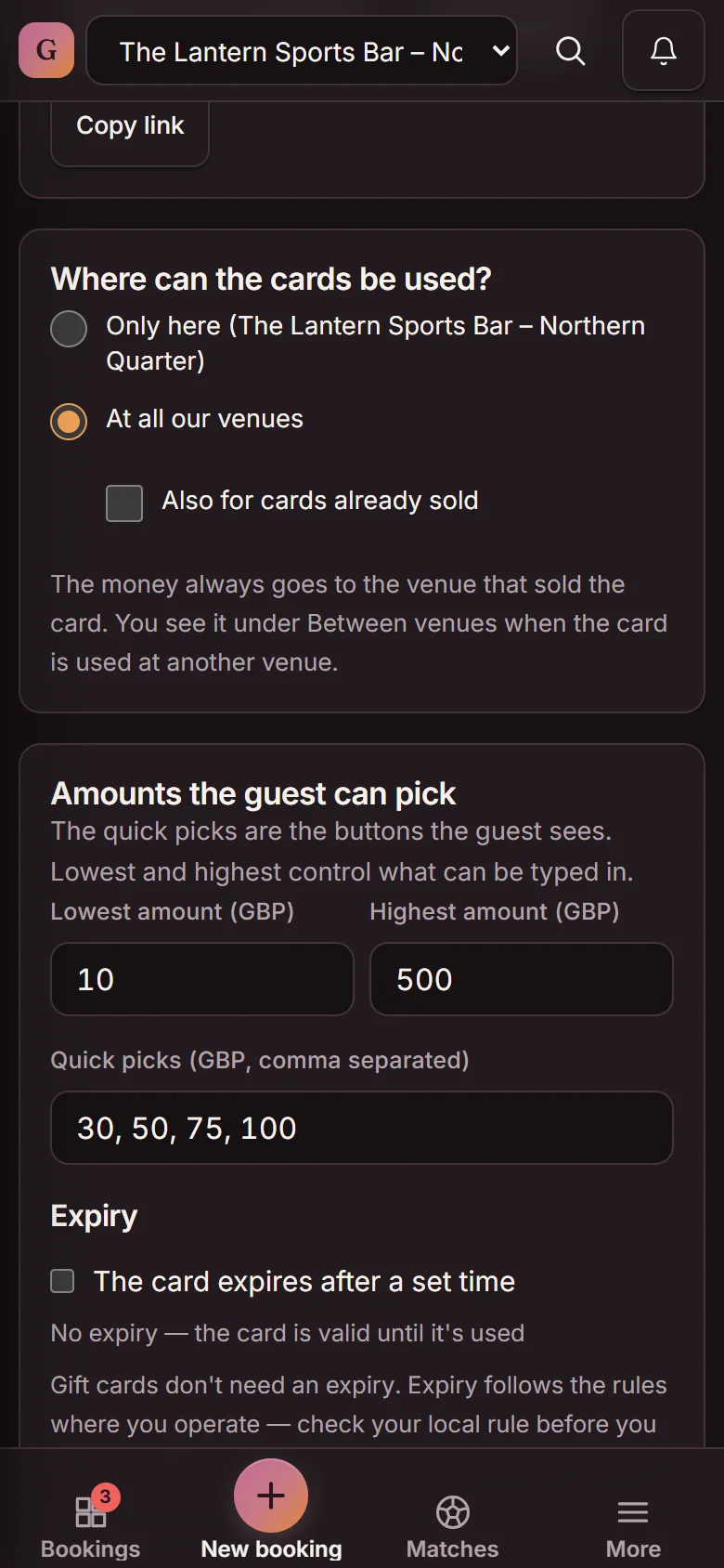 Gift card settings: Where can the cards be used? Only here or At all our venues (selected), with the note that the money always goes to the venue that sold the card (demo)