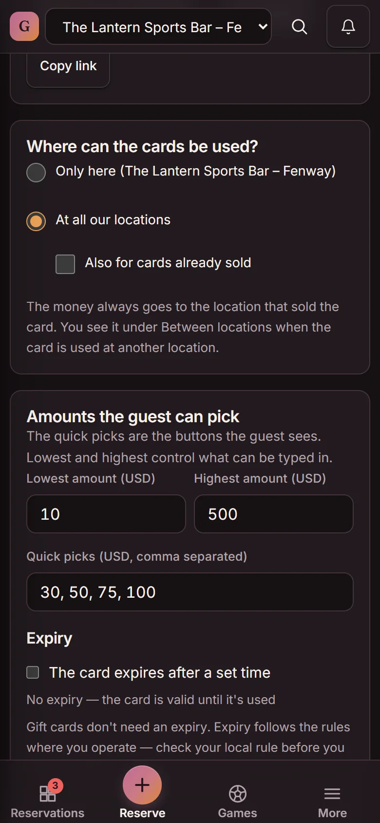 Gift card settings: Where can the cards be used? Only here or At all our locations (selected), with the note that the money always goes to the location that sold the card (demo)