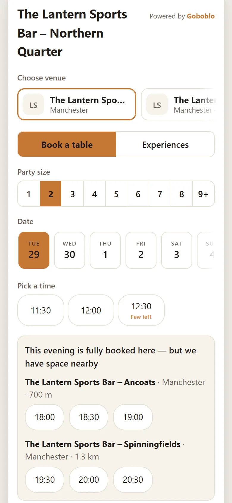 The booking widget for The Lantern Sports Bar – Northern Quarter on a phone: Choose venue at the top, and the message This evening is fully booked here — but we have space nearby, with free times at Ancoats (700 m) and Spinningfields (1.3 km) (demo)