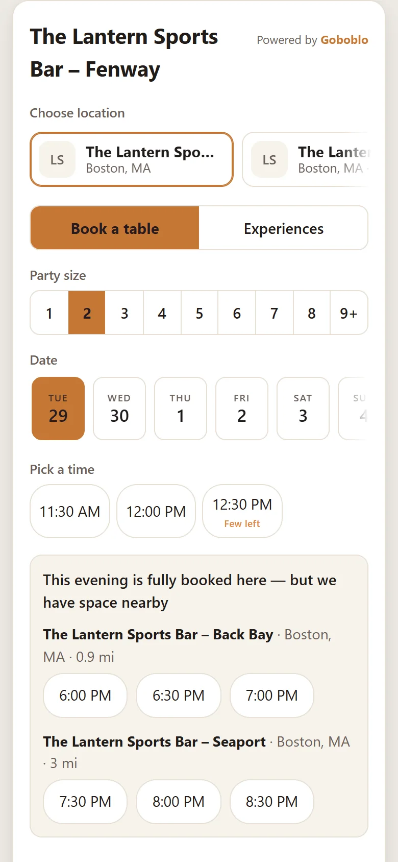 The reservation widget for The Lantern Sports Bar – Fenway on a phone: Choose location at the top, and the message This evening is fully booked here — but we have space nearby, with open times at Back Bay (0.9 mi) and Seaport (3 mi) (demo)