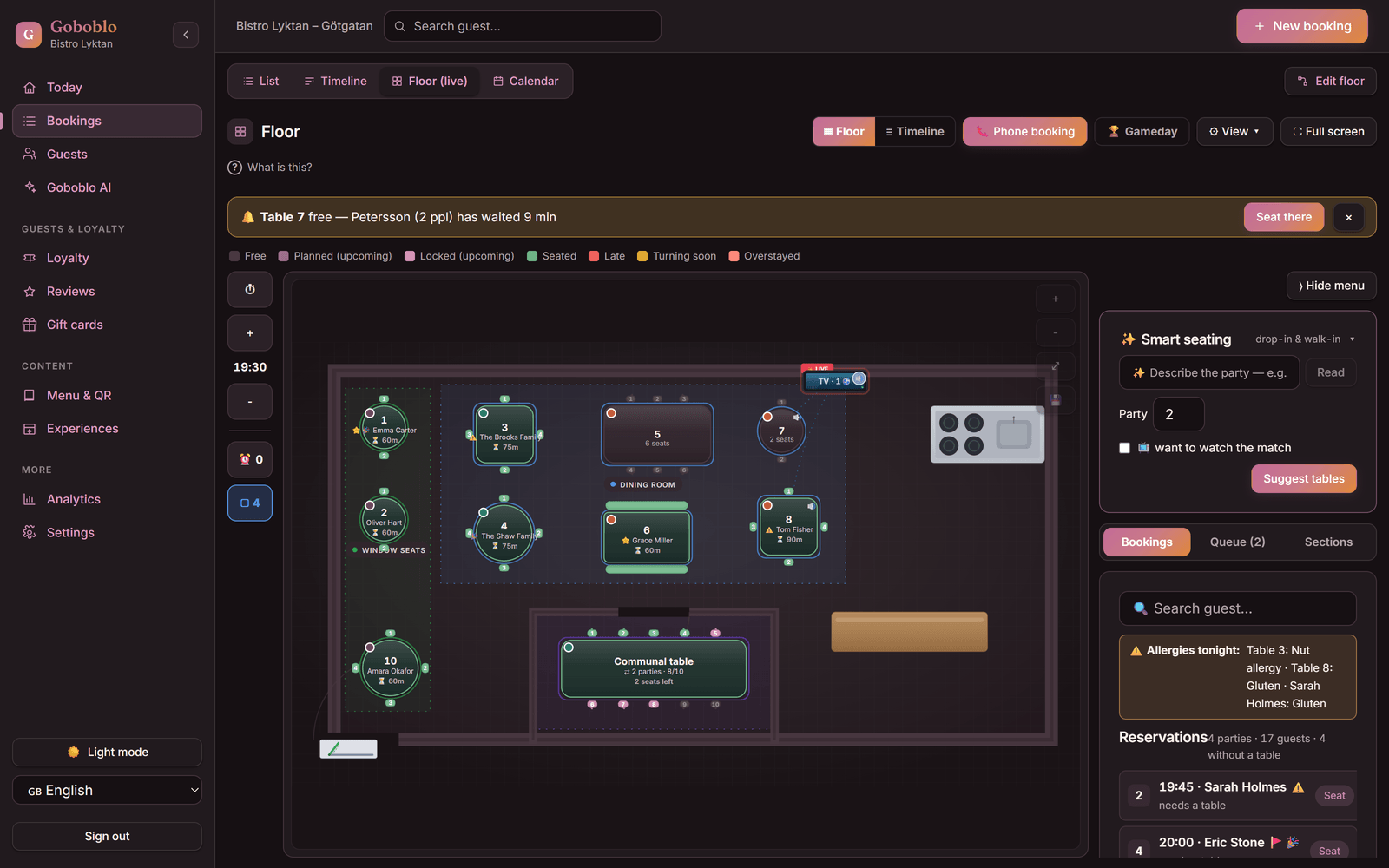 Goboblo's floor view on a laptop — the floor plan with booked, seated, and free tables in real time, with full-screen mode and a switch to the timeline