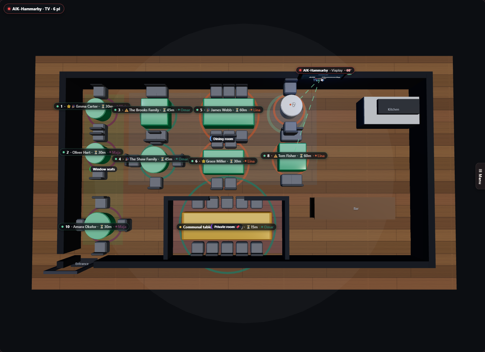 Goboblo's floor plan in 3D on a laptop — the whole room from above with booked, seated, and free tables and live status