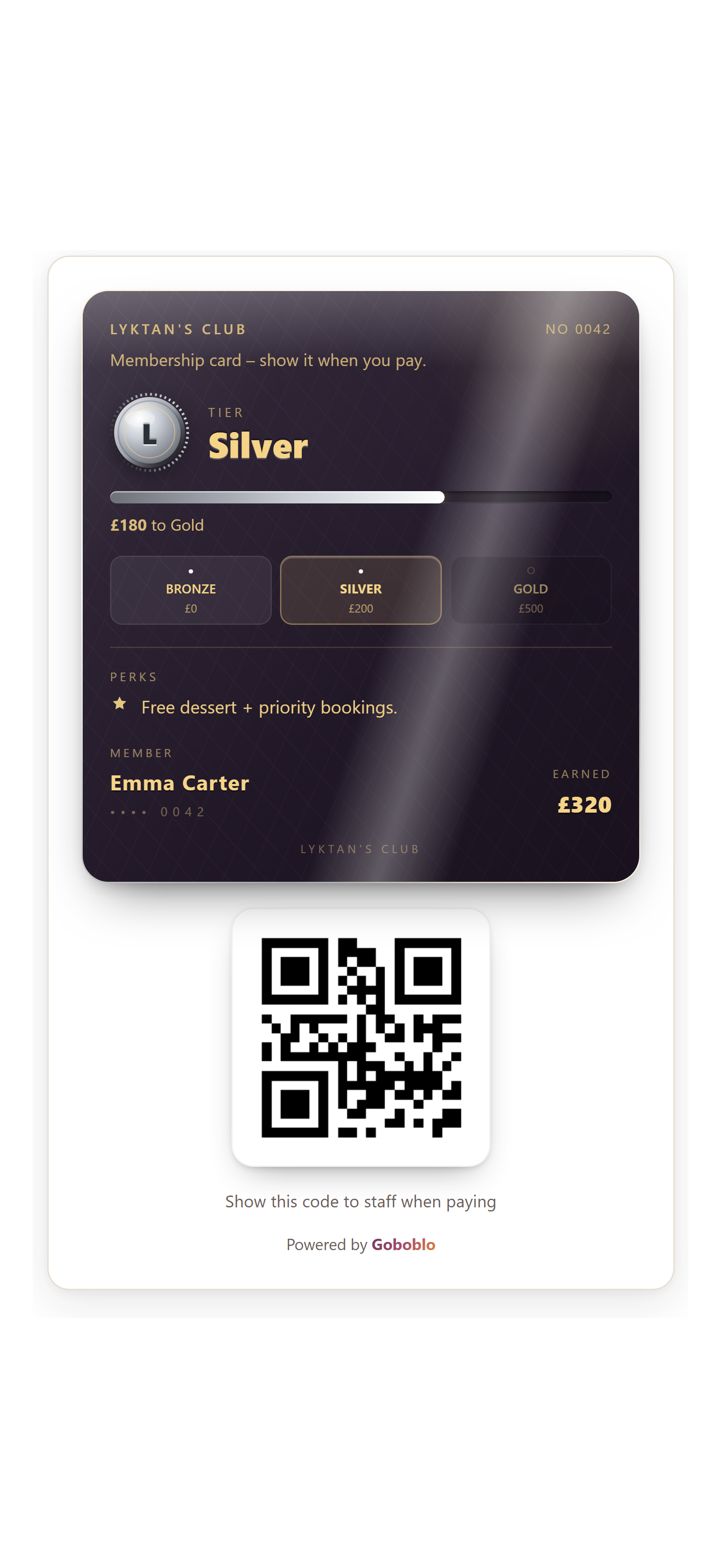 A real membership card on the guest's phone — Silver tier, member number, perks and a scannable QR code staff scan at the till